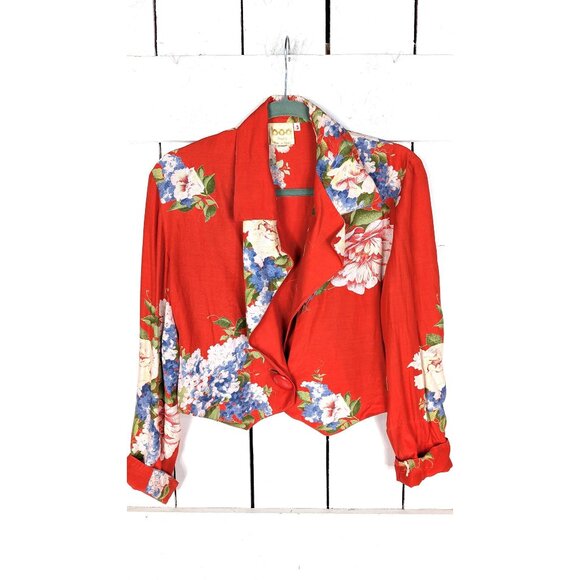 Vintage Tops - Vintage Paris France red floral cropped shirt blazer top